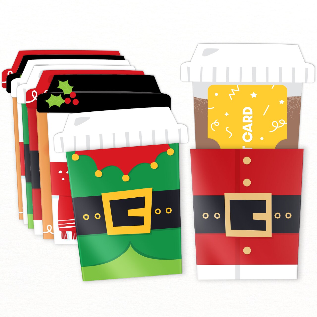 Big Dot of Happiness Assorted Christmas Holiday Coffee Cup Gift Card Holders with Envelopes, Christmas Money Holder Sleeves Nifty Gifty Pack, Set of 8